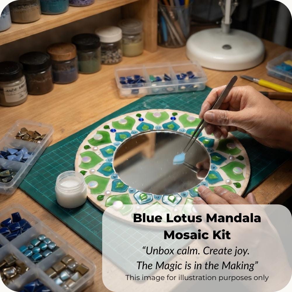 Mandala Mosaic Mirror Kit - Blue Lotus – 30cm Geometric Craft Project (No Cutting)