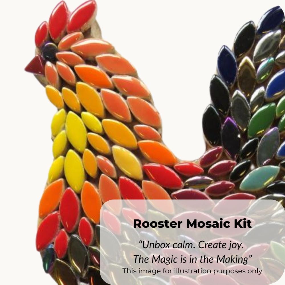 Mosaic Rooster Kit – Beginner Friendly Craft, Recycled Wood Base, Kitchen Decor