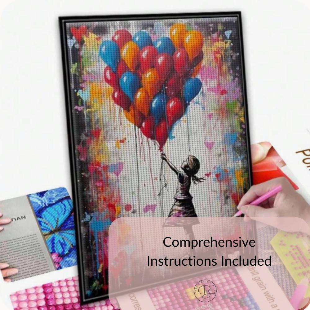 Colourful Girl with Balloons Diamond Art Kit – 30x40cm Beginner Craft (Adhesive Canvas)