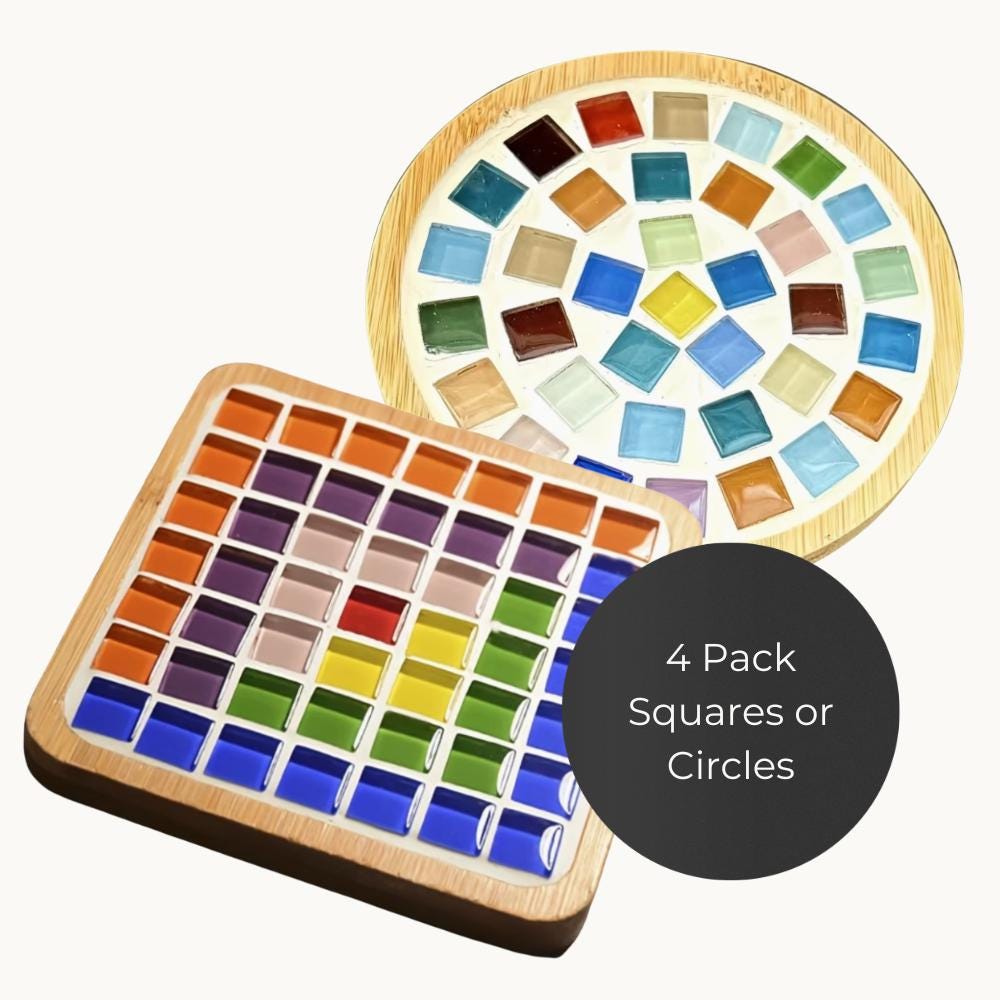 Mosaic Coaster Craft Kit – Bamboo Wood, Rainbow Tiles, Mindfulness Activity (Set of Four)