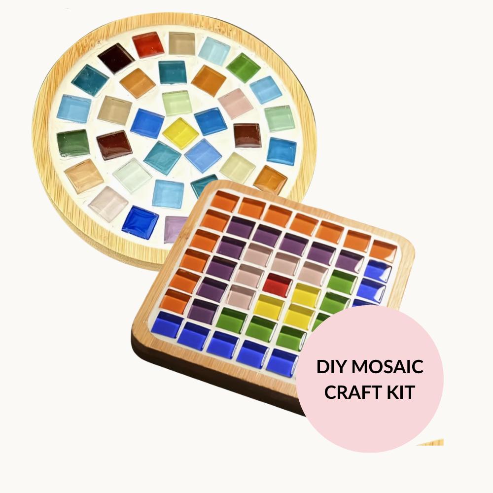 Mosaic Coaster Craft Kit – Bamboo Wood, Rainbow Tiles, Mindfulness Activity (Set of Four)