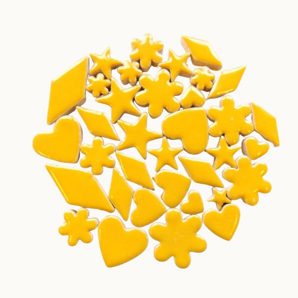 Curry Yellow Ceramic Charm Mix – Hearts, Flowers, Stars, Diamonds for Mosaics (50g)