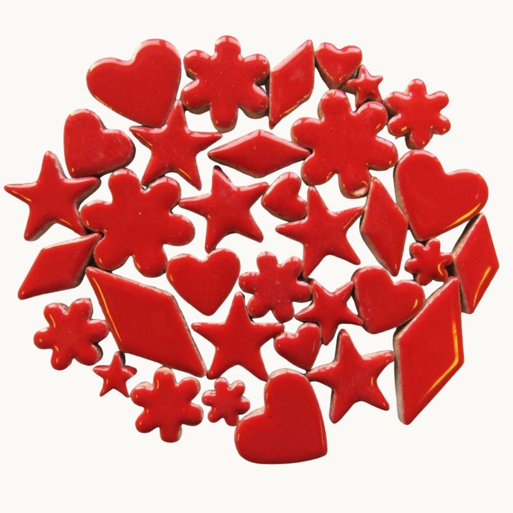 Poppy Red Ceramic Charm Mix – Hearts, Flowers, Stars, Diamonds for Mosaics (50g)