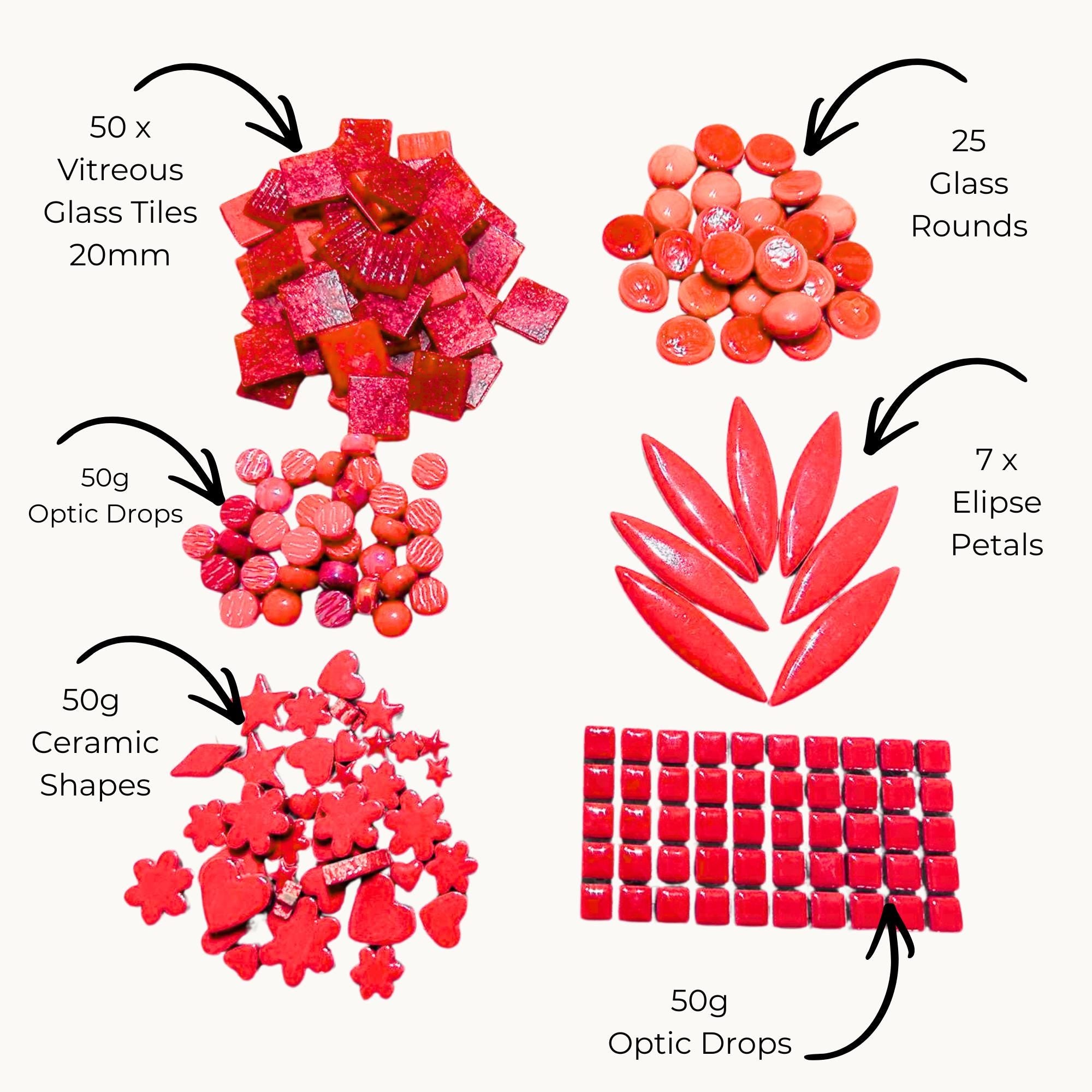 Red Mosaic Tile Starter Set – Ceramic, Glass, Vitreous Mix for Beginners