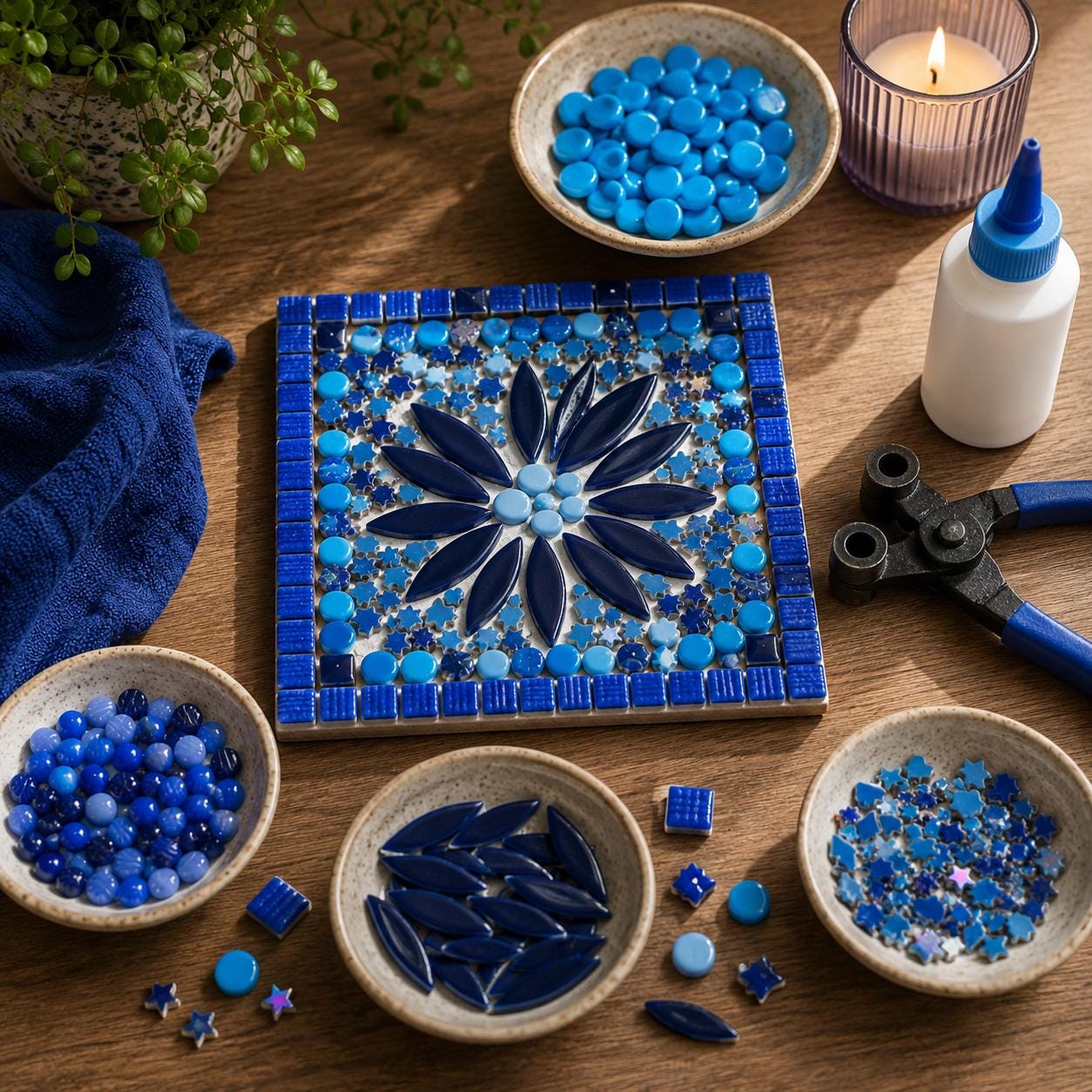 Blue Purple Mosaic Tile Starter Set – Ceramic, Glass, Vitreous Mix for Beginners