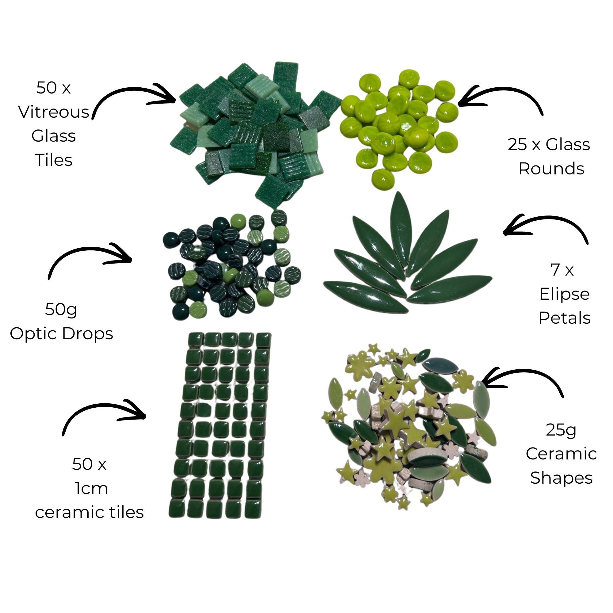 Green Mosaic Tile Starter Set – Ceramic, Glass, Vitreous Mix for Beginners