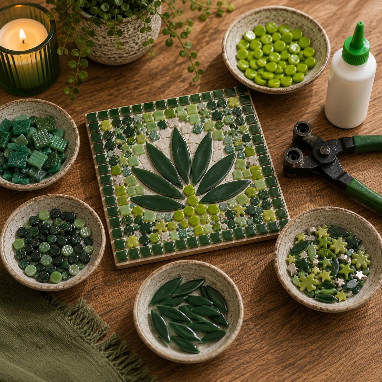 Green Mosaic Tile Starter Set – Ceramic, Glass, Vitreous Mix for Beginners