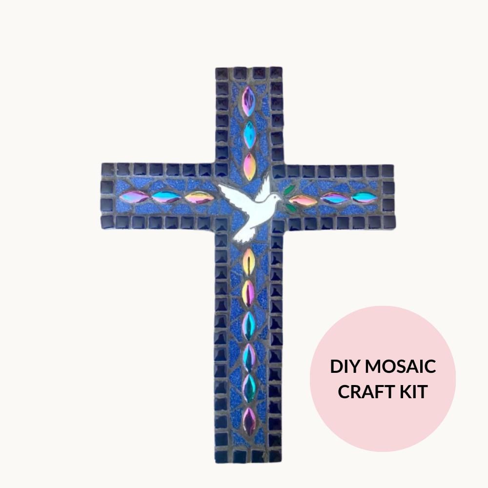 Blue Mosaic Cross Kit – Beginner Friendly, No Cutting Required Art Project