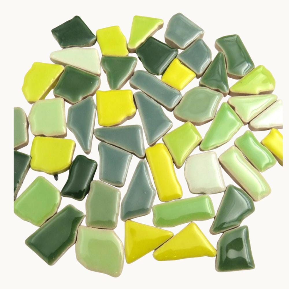 Foliage Greens and Yellow Jigsaw Mosaic Tiles – Green and Yellow Ceramic Mix Premium no-cut mosaic pieces for backgrounds
