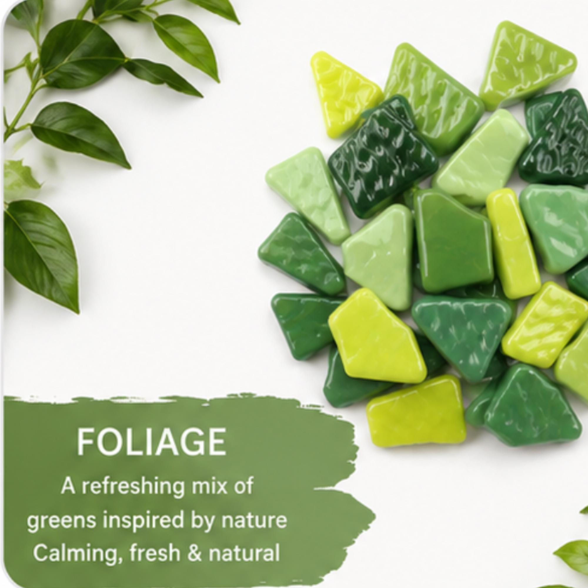 Foliage Greens Snippet Mix – Sintered Glass Jigsaw Style Mosaic Tiles | 100g Pack | Mosaic Supplies