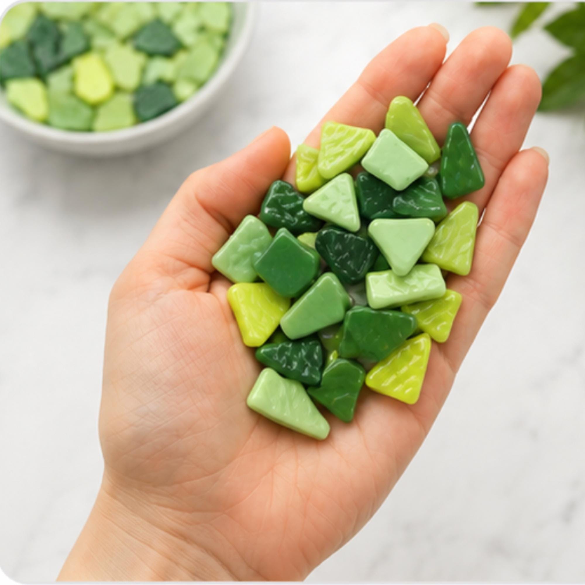 Foliage Greens Snippet Mix – Sintered Glass Jigsaw Style Mosaic Tiles | 100g Pack | Mosaic Supplies
