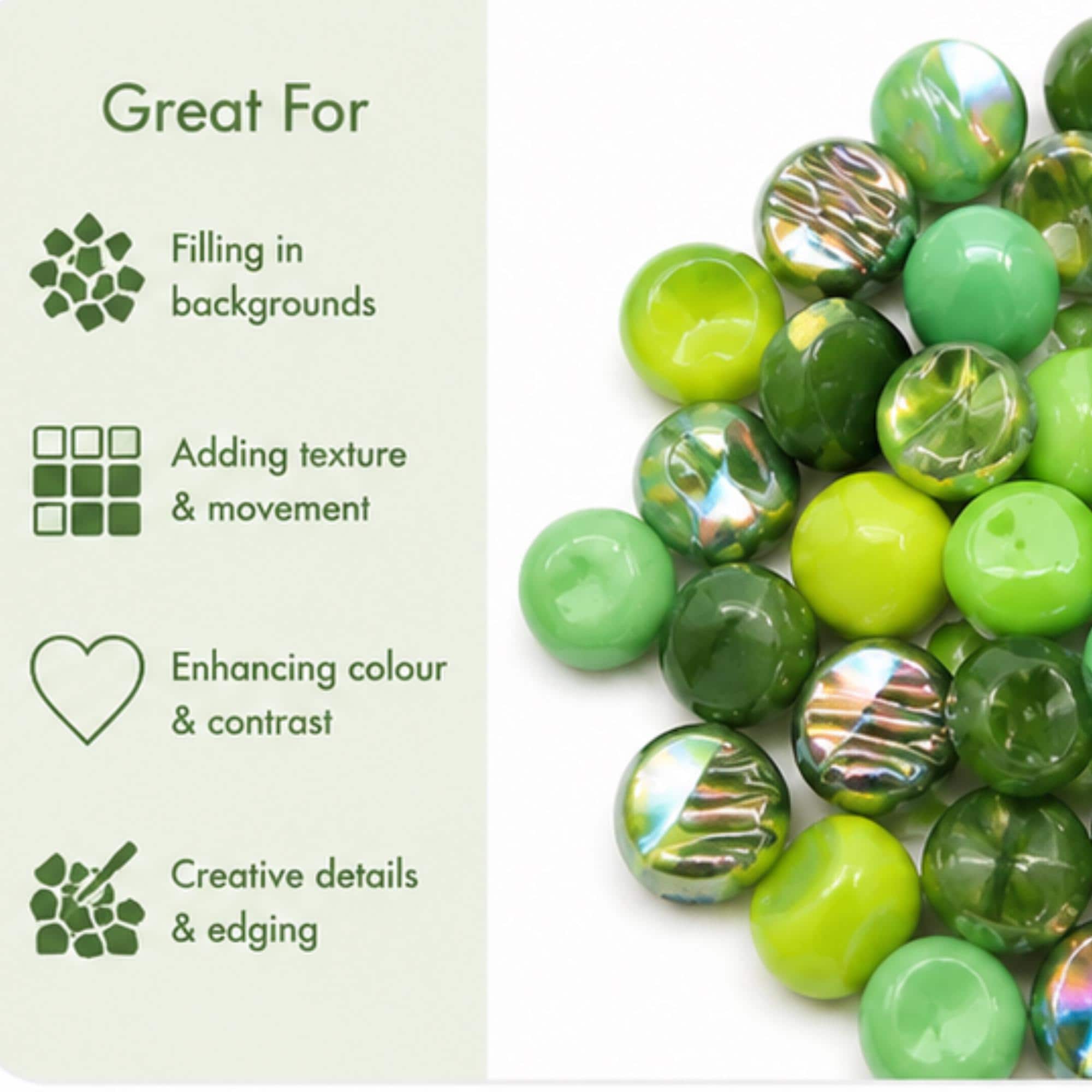 Forest Canopy Green Iridescent Glass Gems | 12mm Optic Drops for Mosaic Art (50g pack)