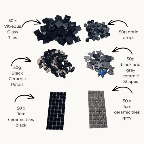 Black and Grey Mosaic Tile Starter Set – Ceramic, Glass, Vitreous Mix for Beginners