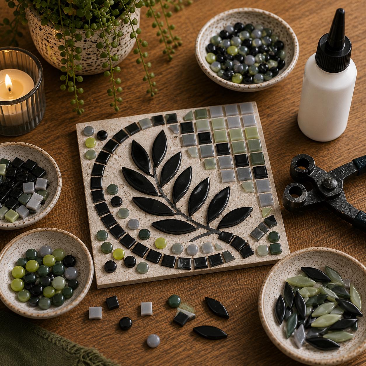 Black and Grey Mosaic Tile Starter Set – Ceramic, Glass, Vitreous Mix for Beginners