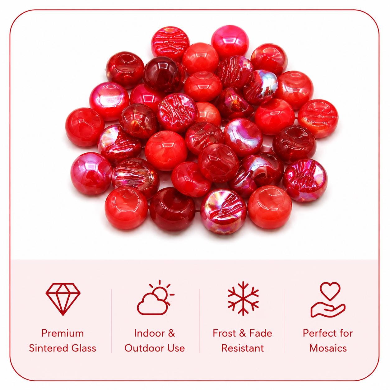 Scarlet Desire Iridescent Glass Gems | 12mm Red Optic Drops for Mosaics (50g)