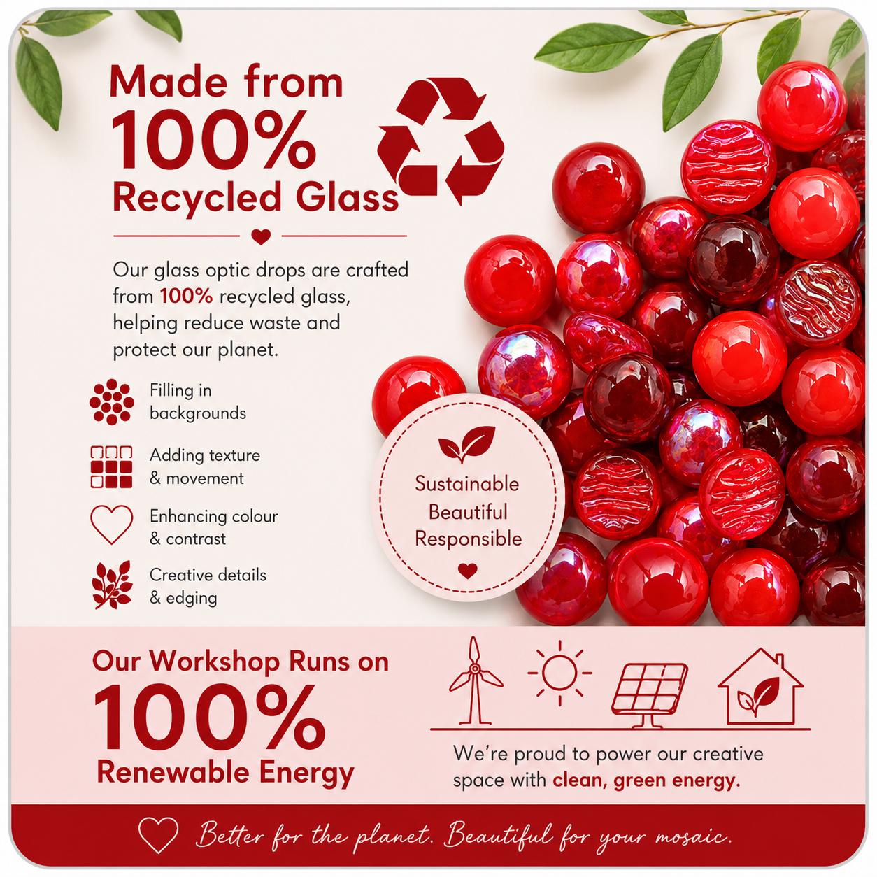 Scarlet Desire Iridescent Glass Gems | 12mm Red Optic Drops for Mosaics (50g)