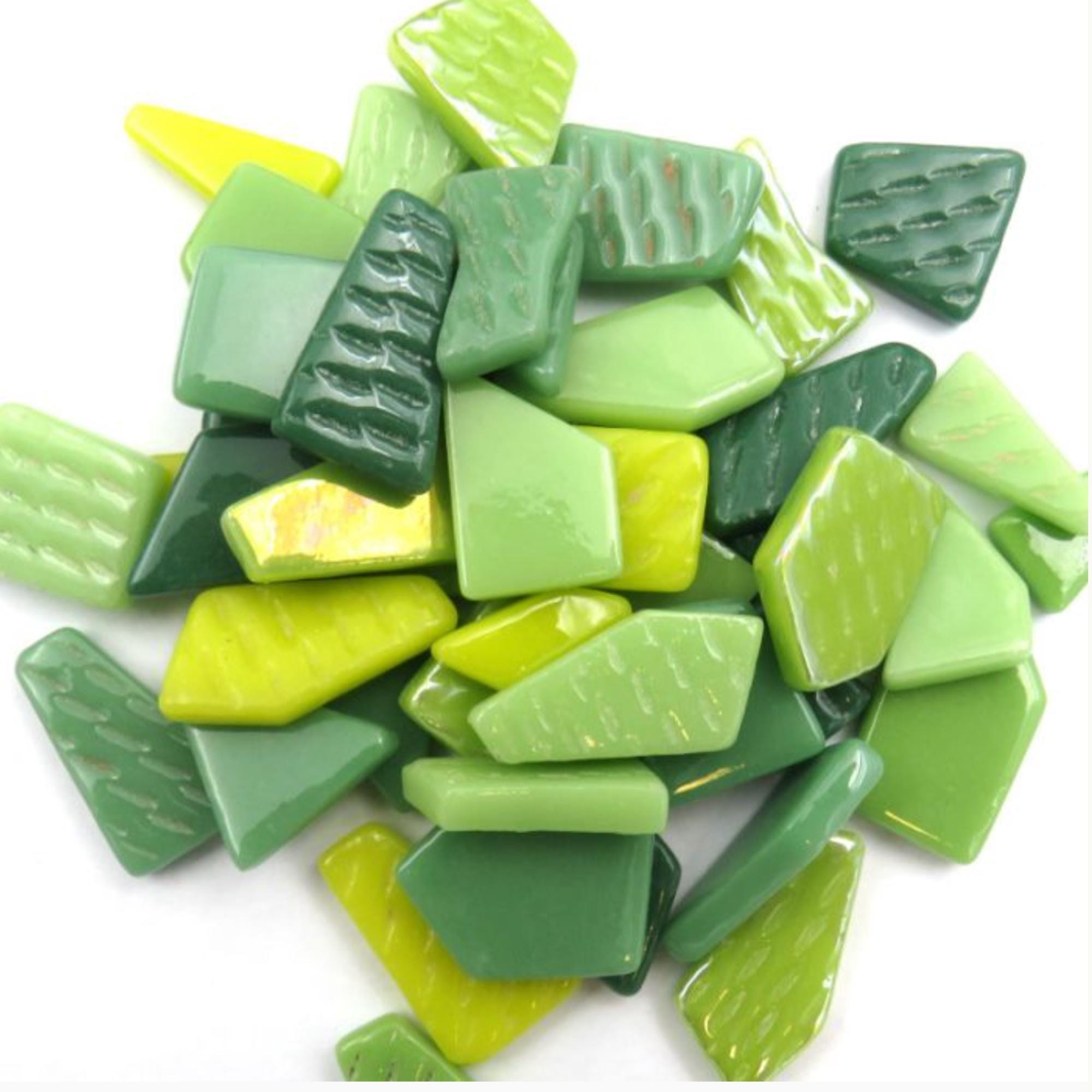 Foliage Greens Snippet Mix – Sintered Glass Jigsaw Style Mosaic Tiles | 100g Pack | Mosaic Supplies