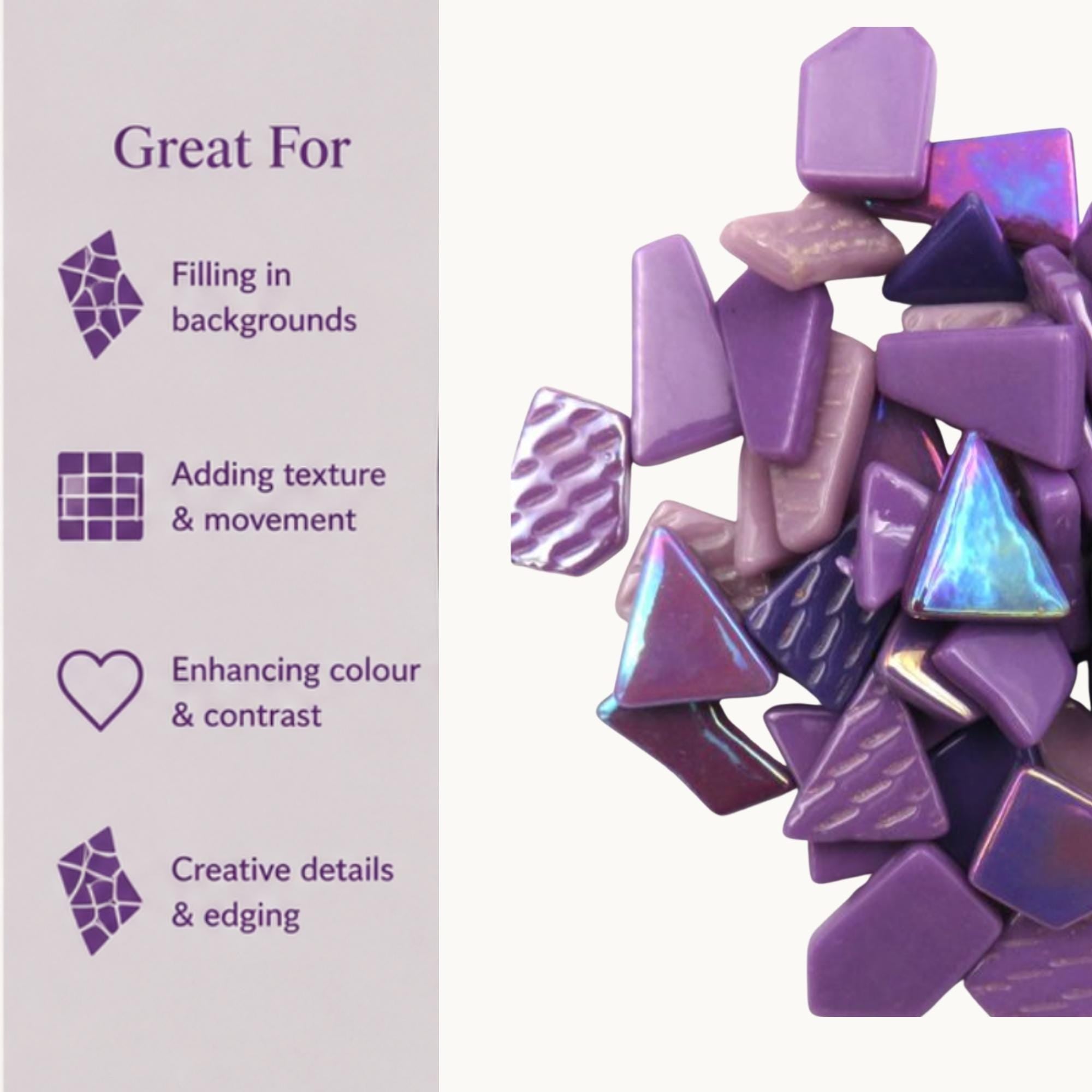 Mistral Purple Snippet Mix – Sintered Glass Jigsaw Style Mosaic Tiles | 100g Pack | Mosaic Supplies