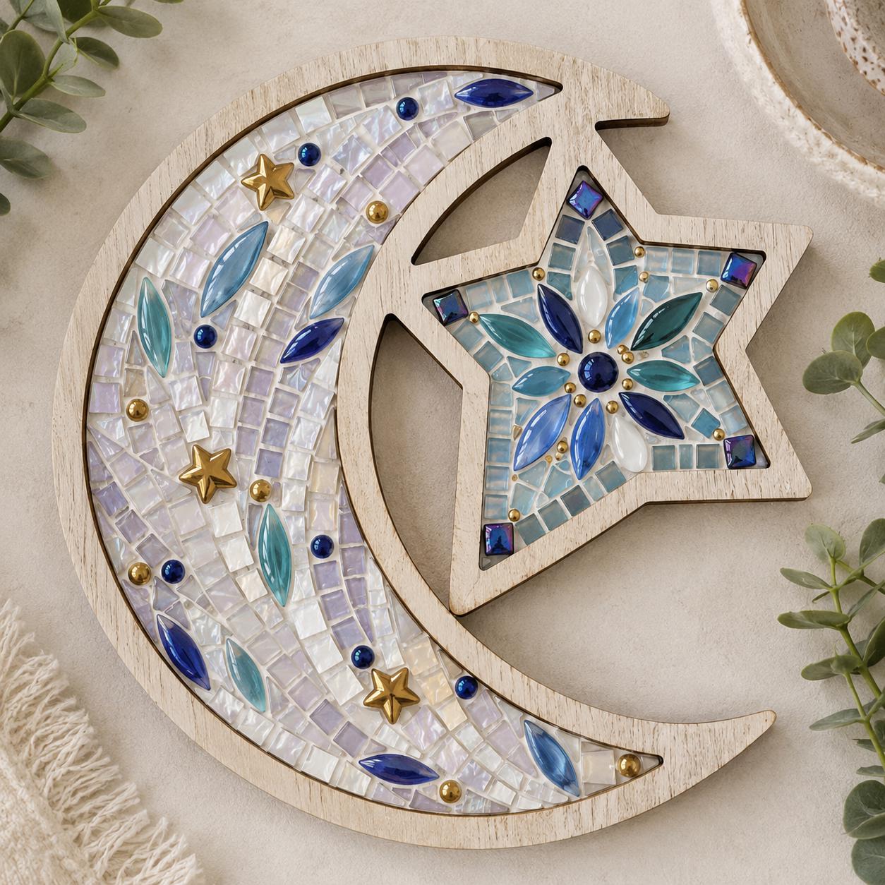 Laser Cut Wooden Moon and Star Mosaic Base | 22.5 x 19.5 cm Craft Shape for Mosaic
