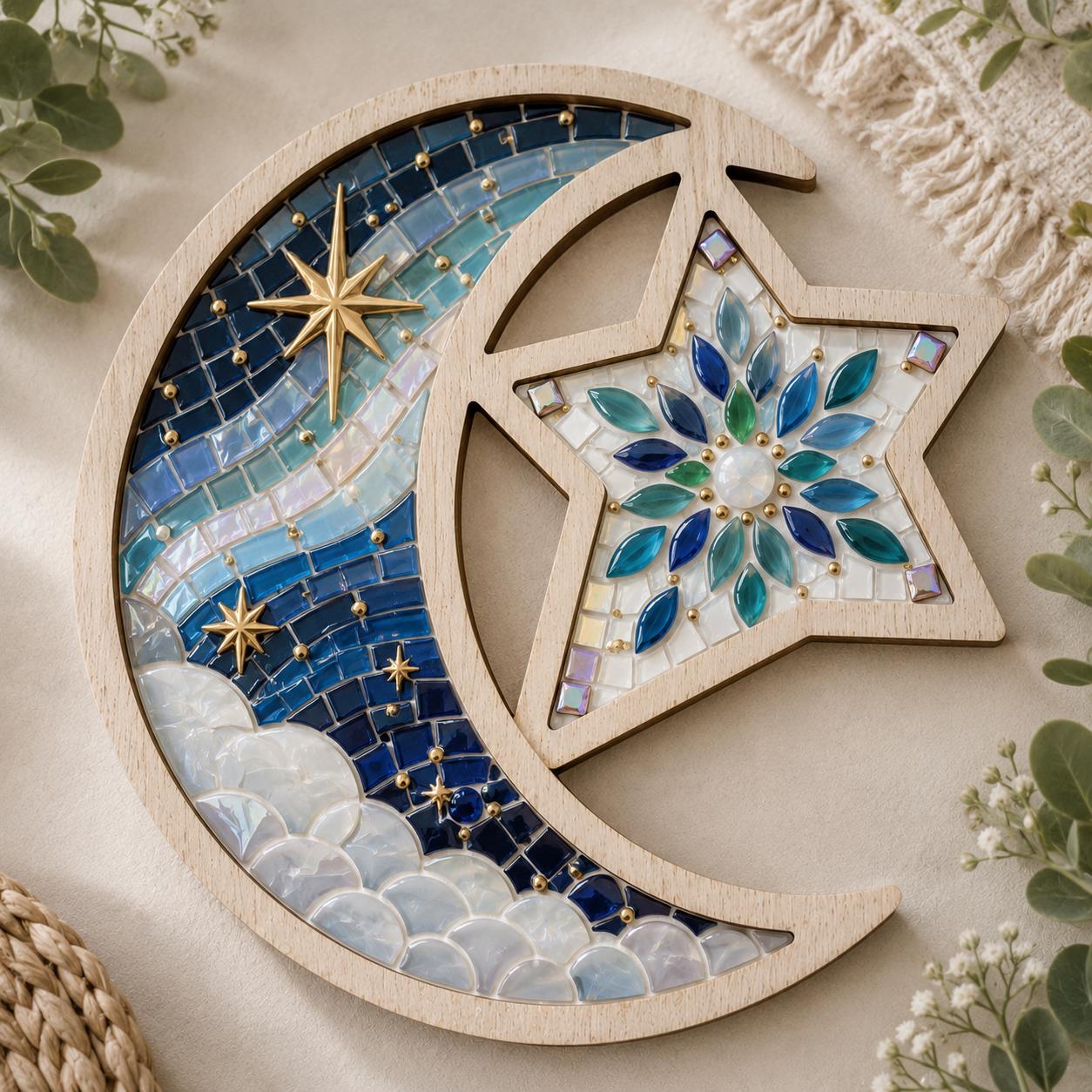 Laser Cut Wooden Moon and Star Mosaic Base | 22.5 x 19.5 cm Craft Shape for Mosaic