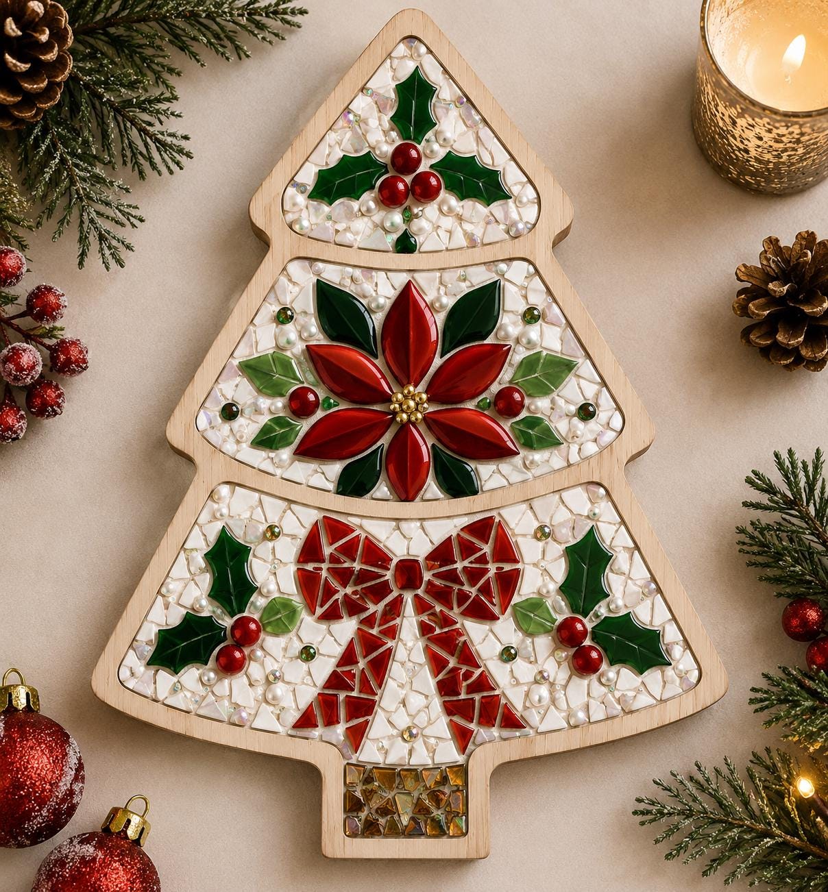 Acacia Wood Christmas Tree Mosaic Base – 22 cm Inlay Board for Festive Tray Crafts