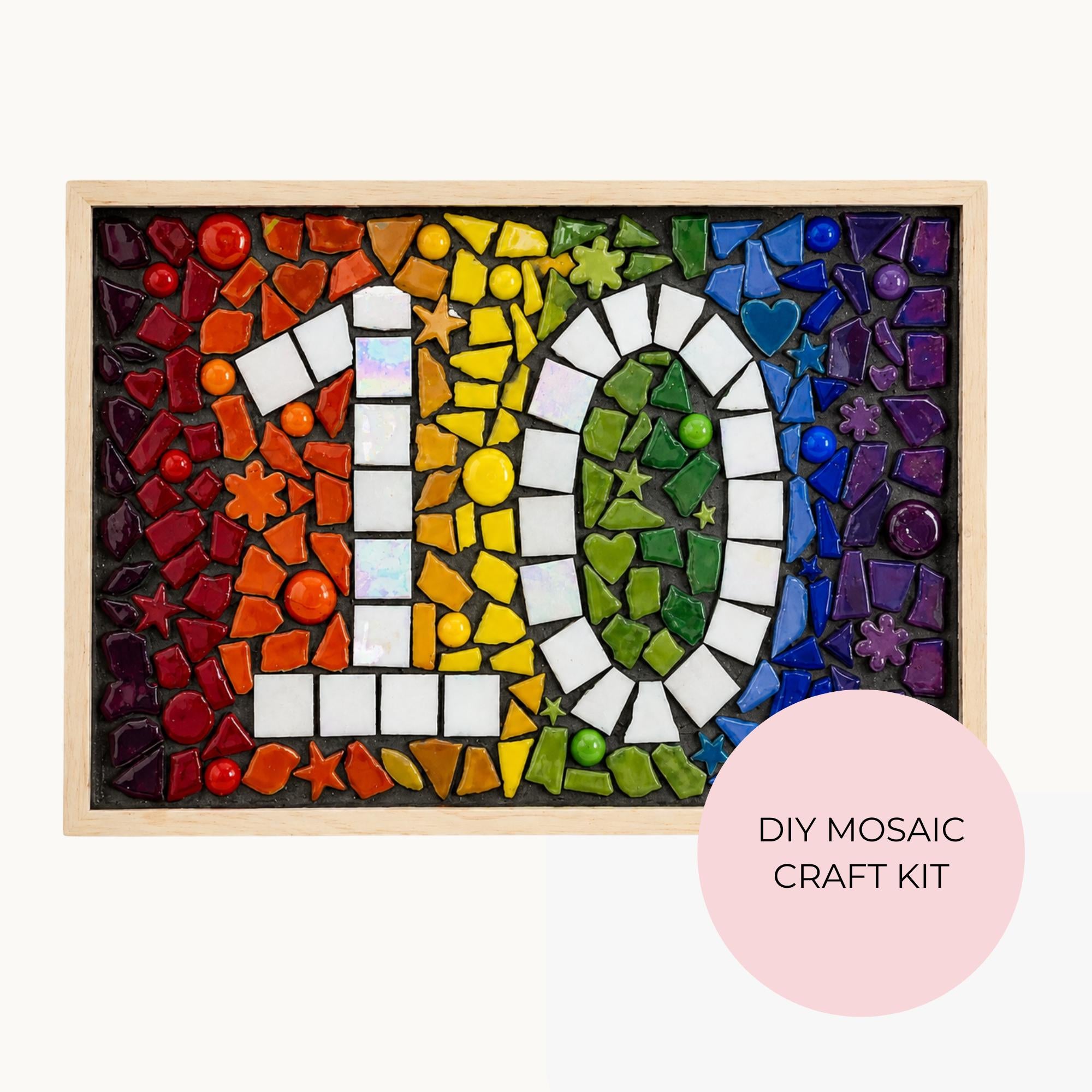 DIY Rainbow Door Number Mosaic Craft Kit – Acacia Wood Base, Colorful Tiles, Charms