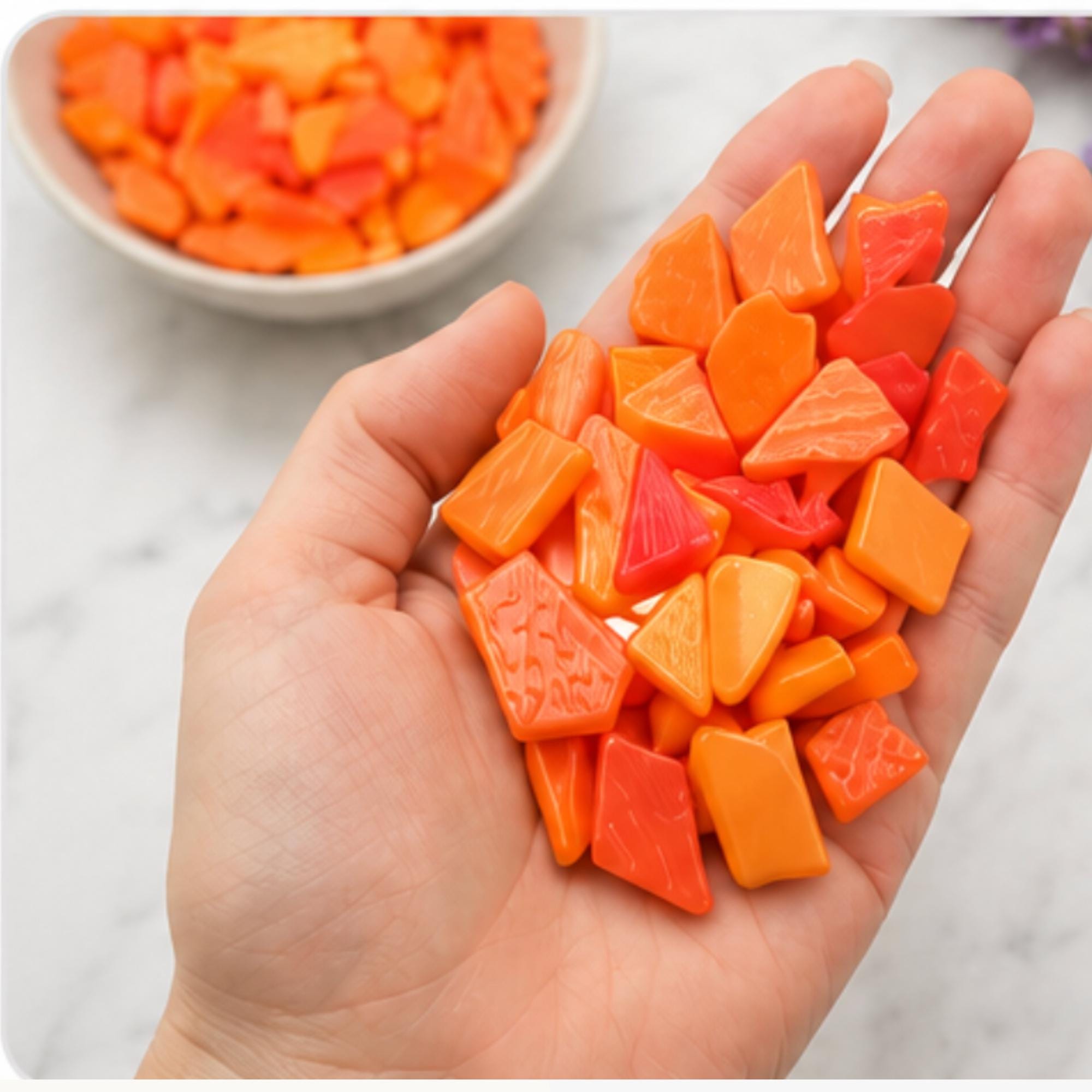 Sunburst Orange Snippet Mix – Sintered Glass Jigsaw Style Mosaic Tiles | 100g Pack | Mosaic Supplies