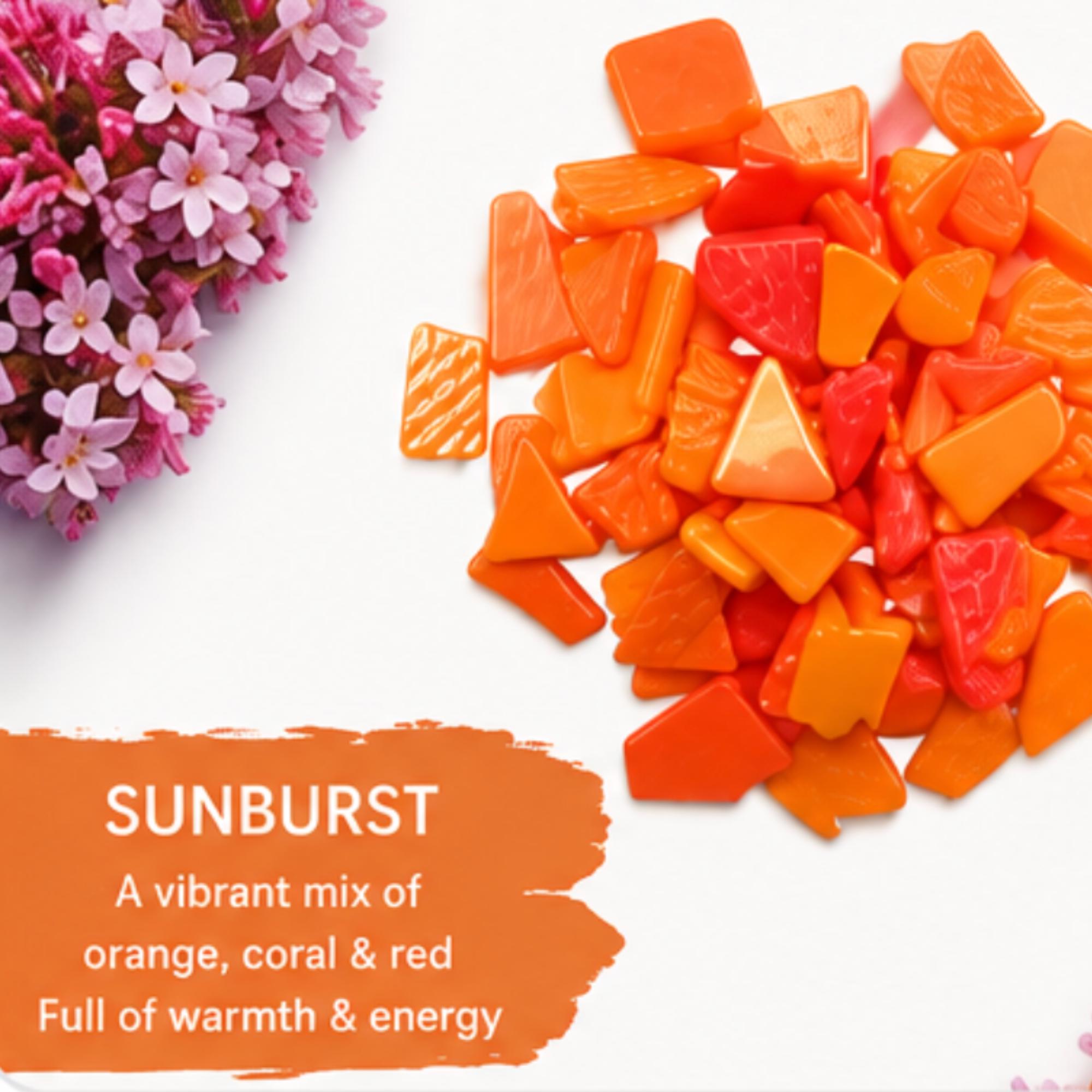 Sunburst Orange Snippet Mix – Sintered Glass Jigsaw Style Mosaic Tiles | 100g Pack | Mosaic Supplies