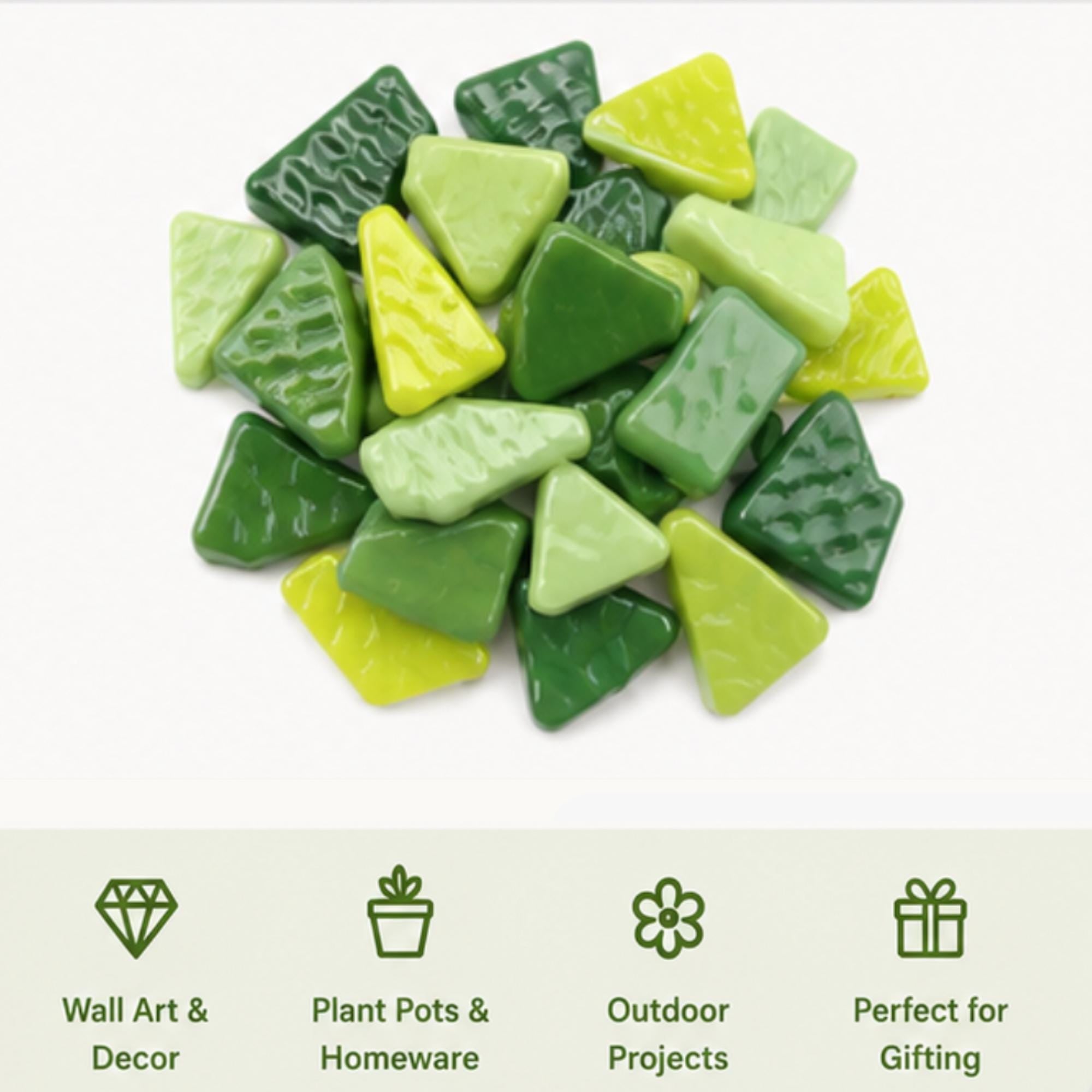 Foliage Greens Snippet Mix – Sintered Glass Jigsaw Style Mosaic Tiles | 100g Pack | Mosaic Supplies