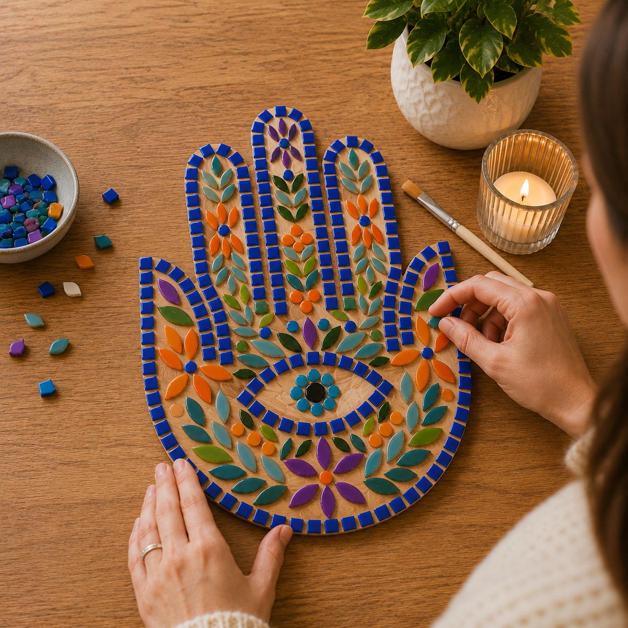 Folk Art Hamsa Hand Mosaic Kit | Beginner Craft Wall Hanging (No Cutting Required)
