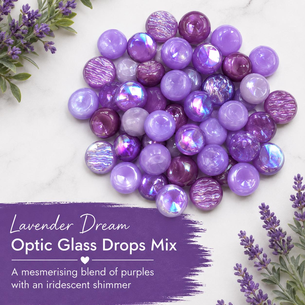 Lavender Dream Purple Iridescent Mosaic Glass Gems | 12mm Optic Drops for Mosaic Art, Crafts, Embellishments (50g pack)