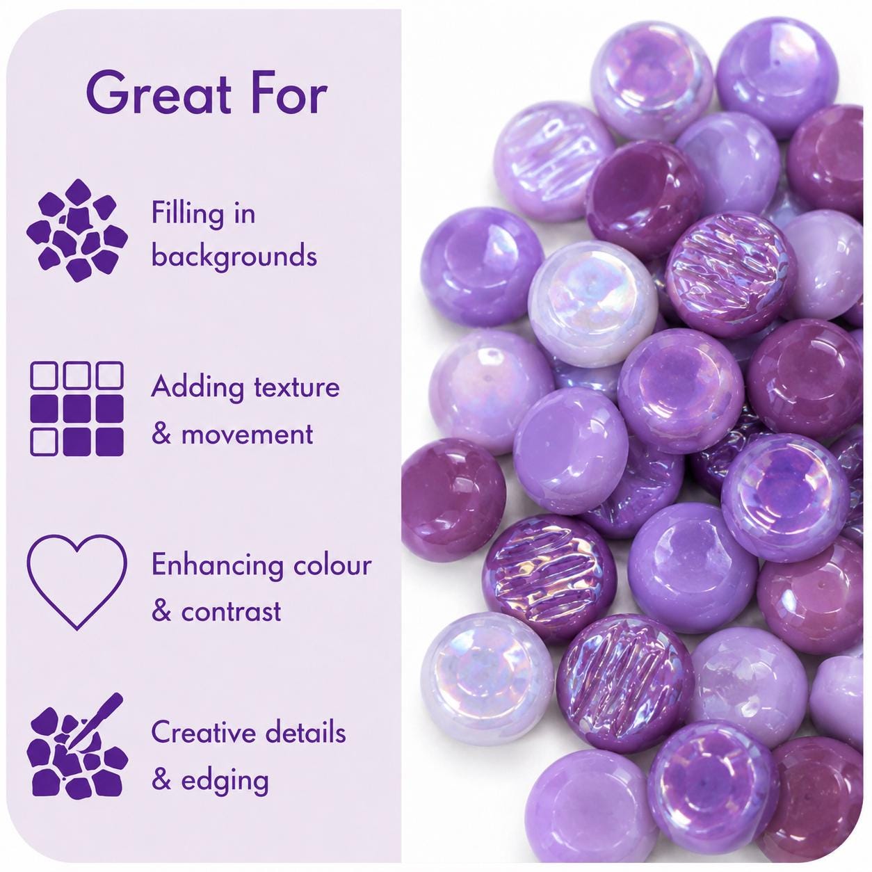Lavender Dream Purple Iridescent Mosaic Glass Gems | 12mm Optic Drops for Mosaic Art, Crafts, Embellishments (50g pack)