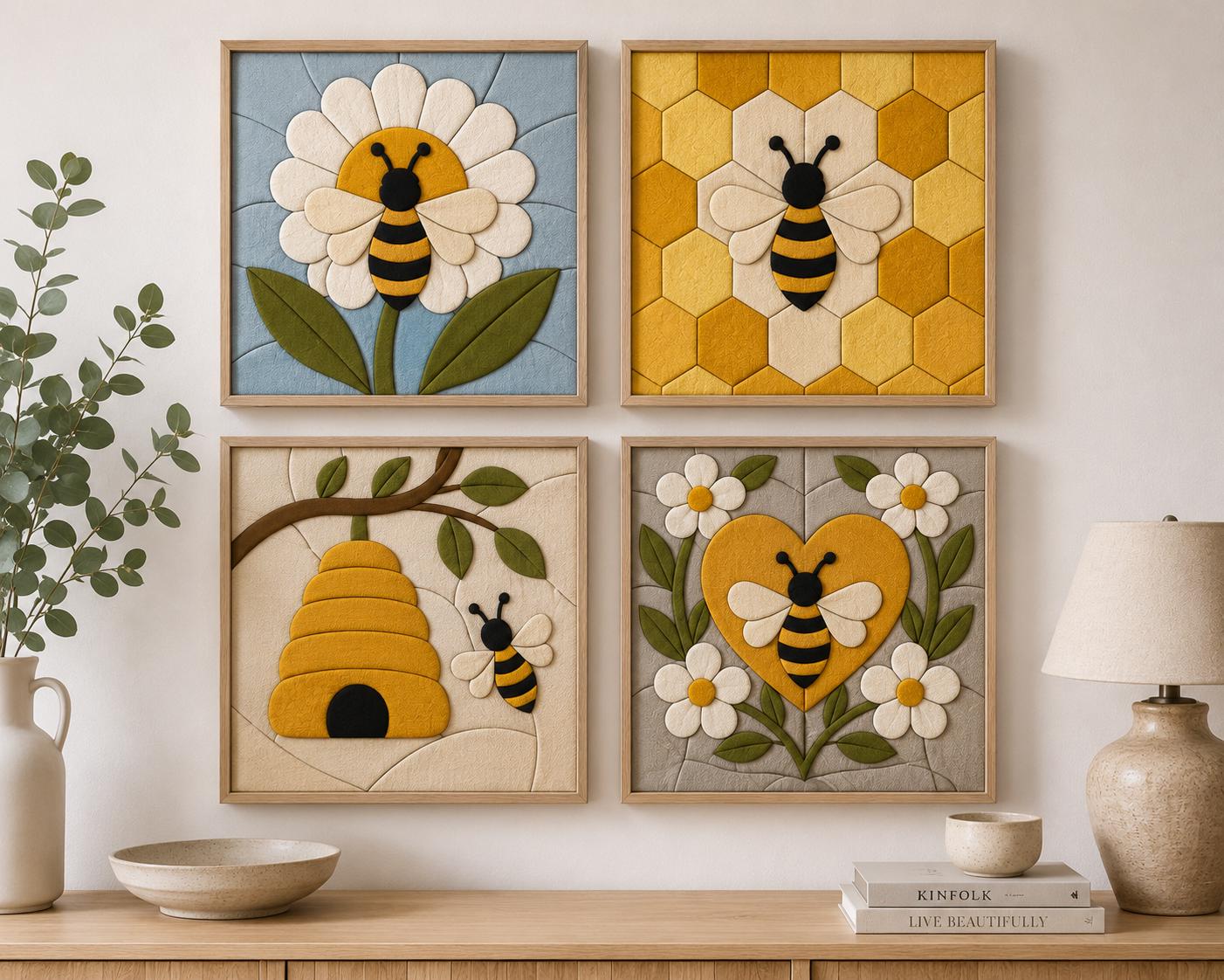 Kinusaiga Fabric Mosaic Patterns | 4 Bee Designs, 20cm Square (Digital Download)