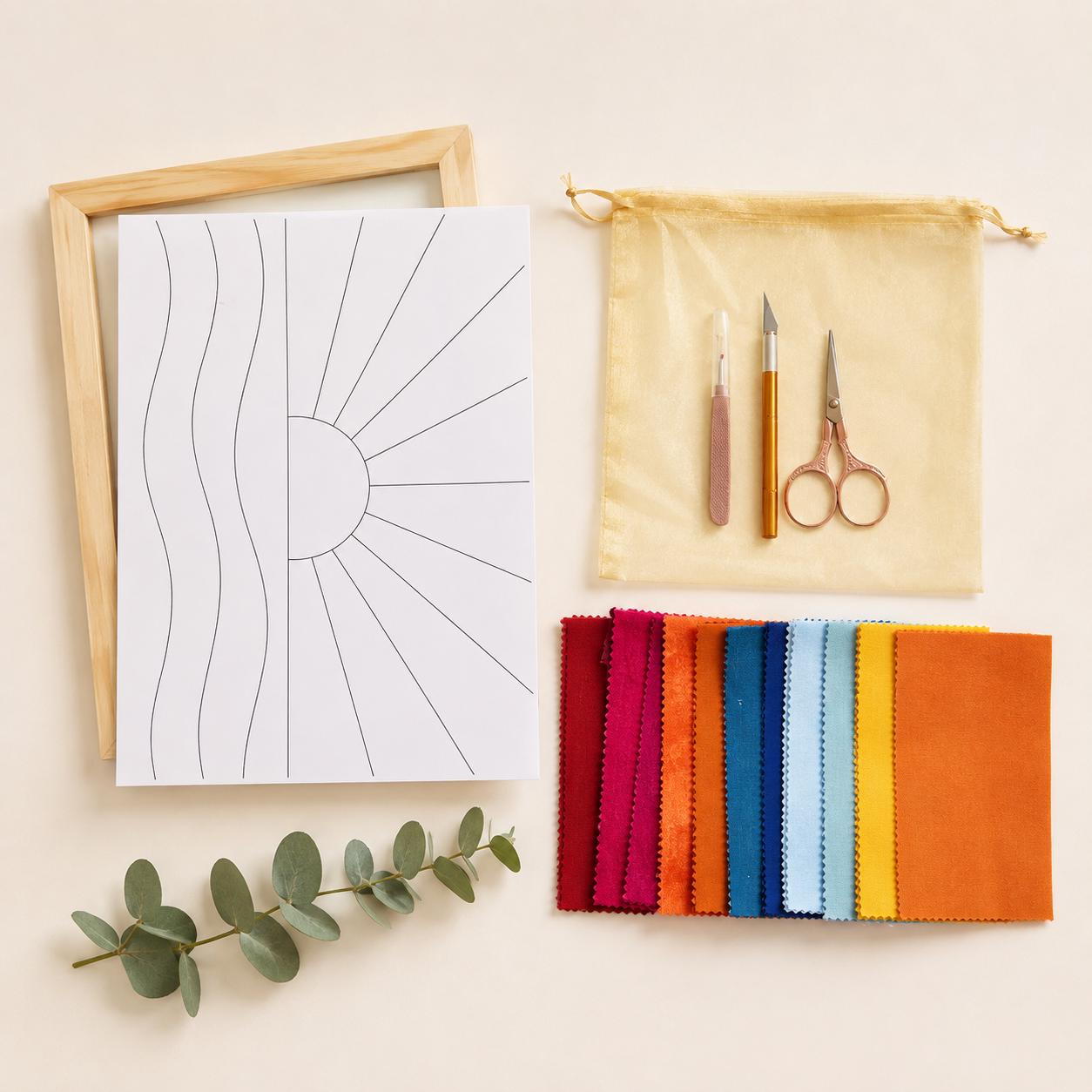 Box Clever Sunrise Fabric Mosaic Kit | Kinusaiga Inspired, Beginner Friendly | Includes Fabrics and Frame