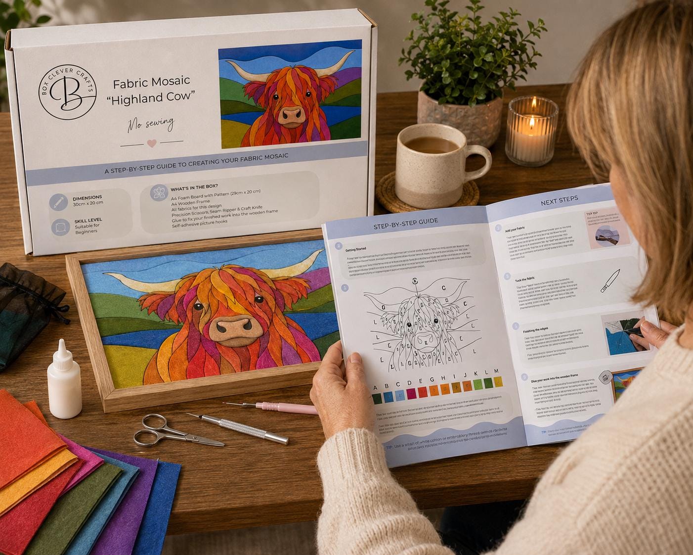Highland Cow Fabric Mosaic Kit | Beginner Kinusaiga Craft | No Sew Textile Art