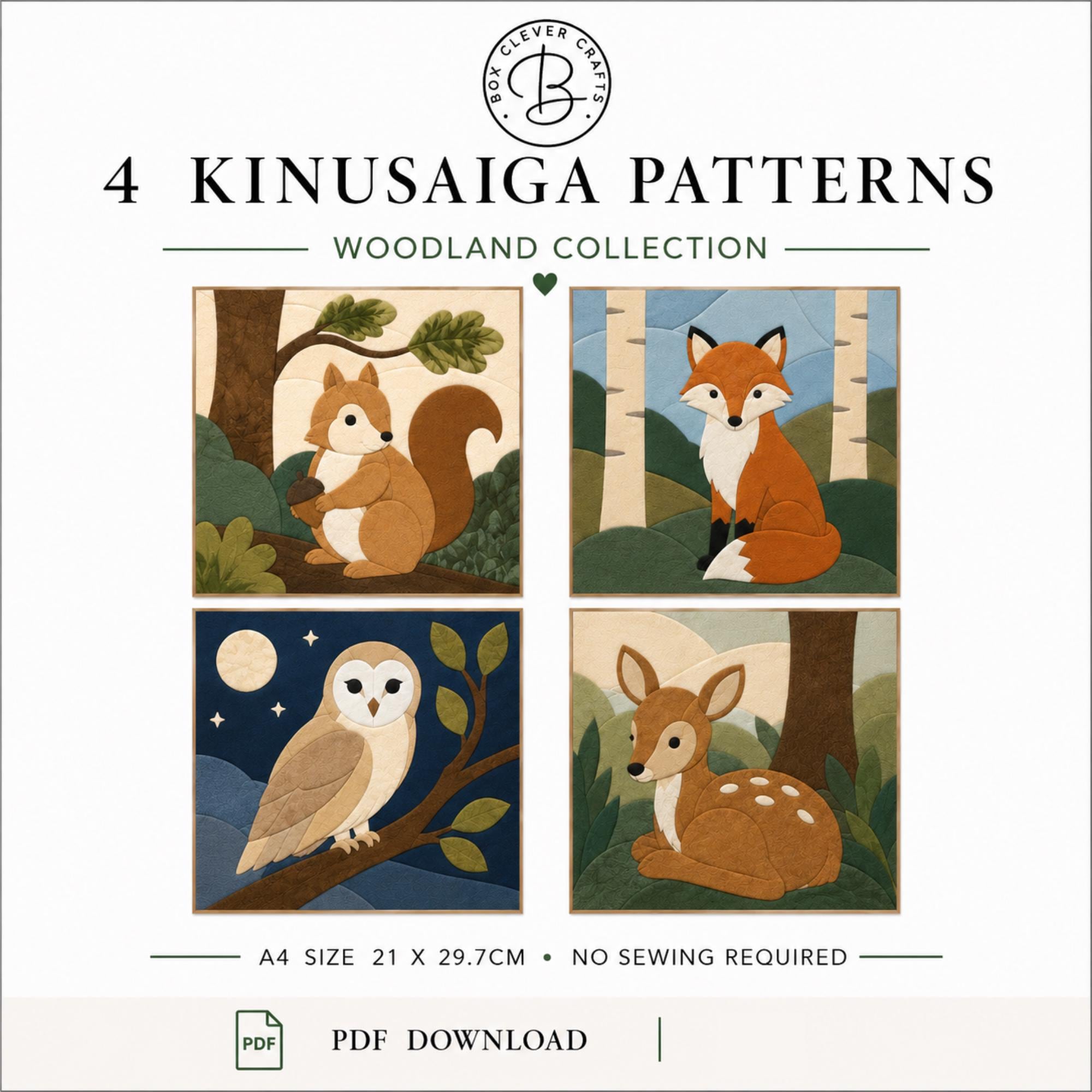 Woodland Animals Kinusaiga Patterns | Fox, Owl, Deer, Squirrel Fabric Mosaic Templates (PDF Download)
