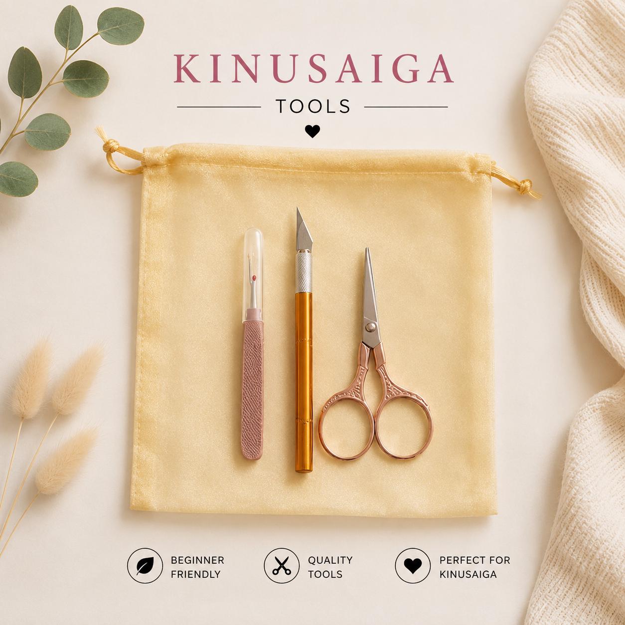 Fabric Mosaic Kinusaiga Tools | Essential Tools for Fabric Mosaic Set of Three in Organza Bag