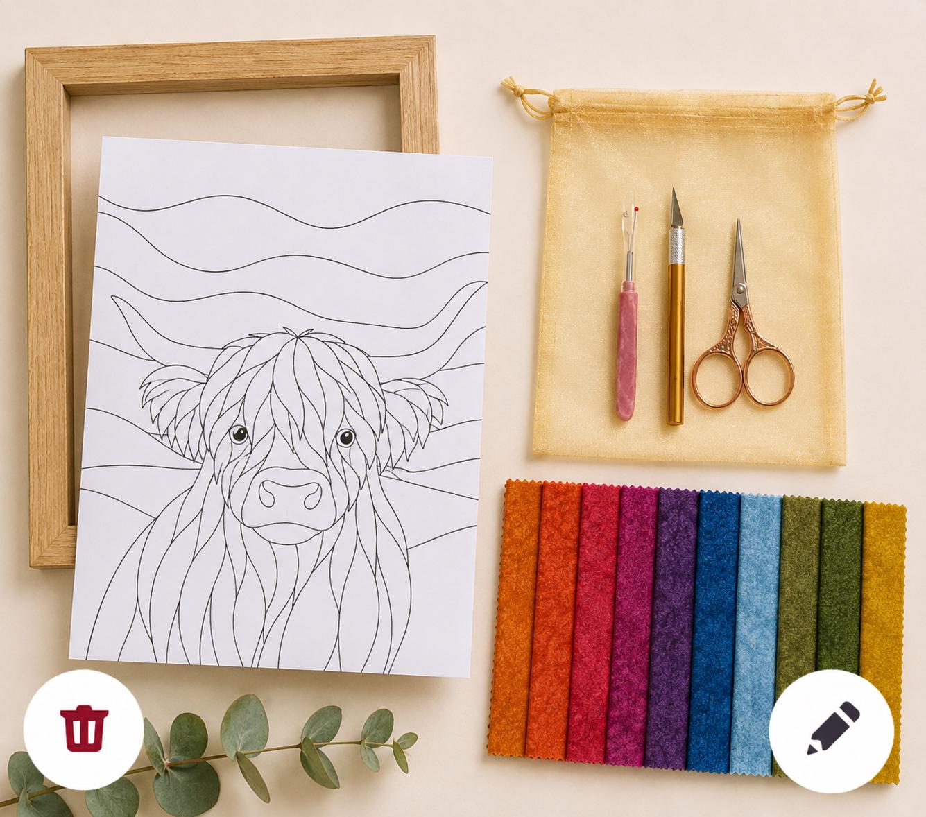 Highland Cow Fabric Mosaic Kit | Beginner Kinusaiga Craft | No Sew Textile Art