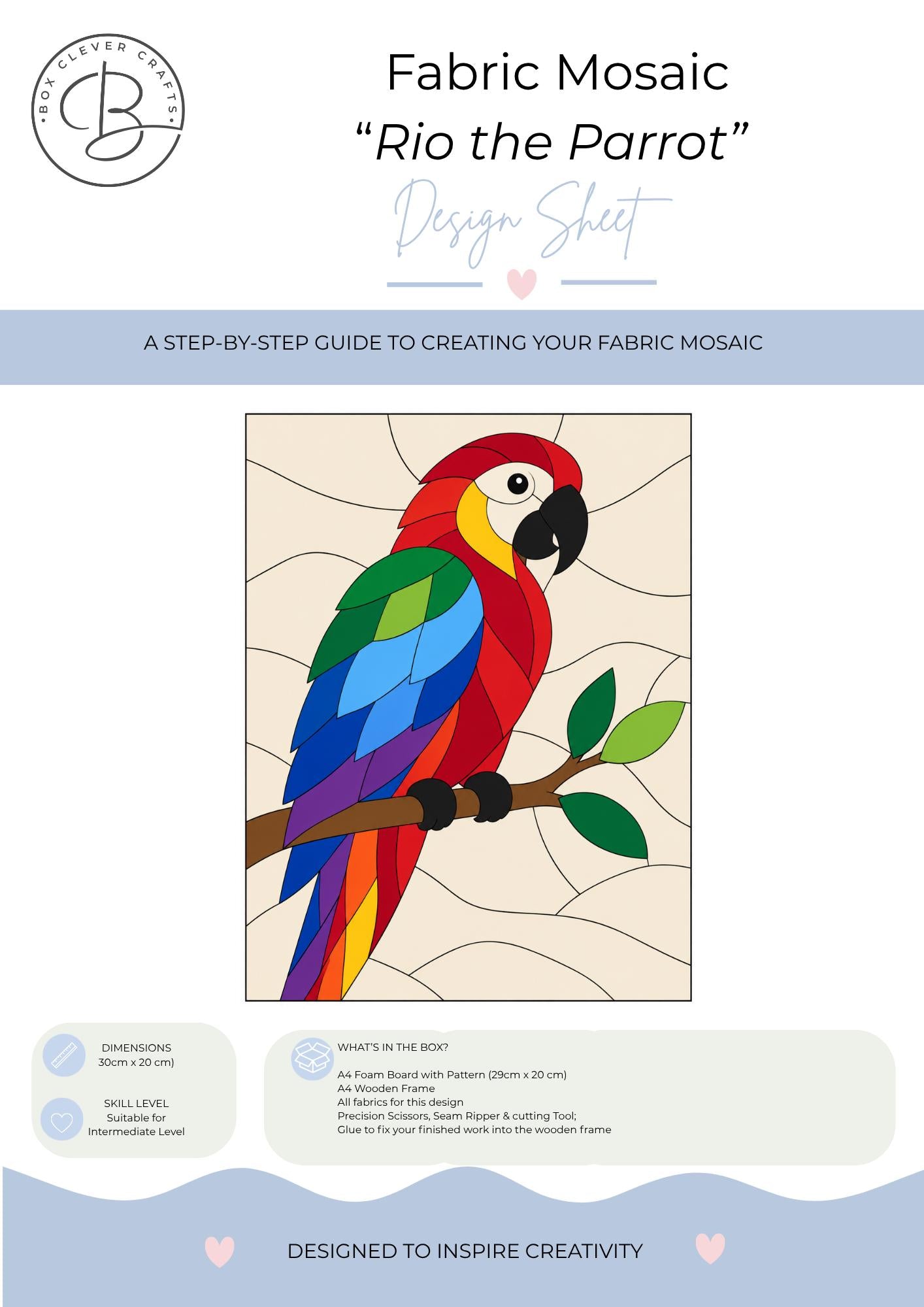 Fabric Mosaic Kit | Kinusaiga Inspired Rio the Parrot, Beginner Friendly | Includes Fabrics and Frame