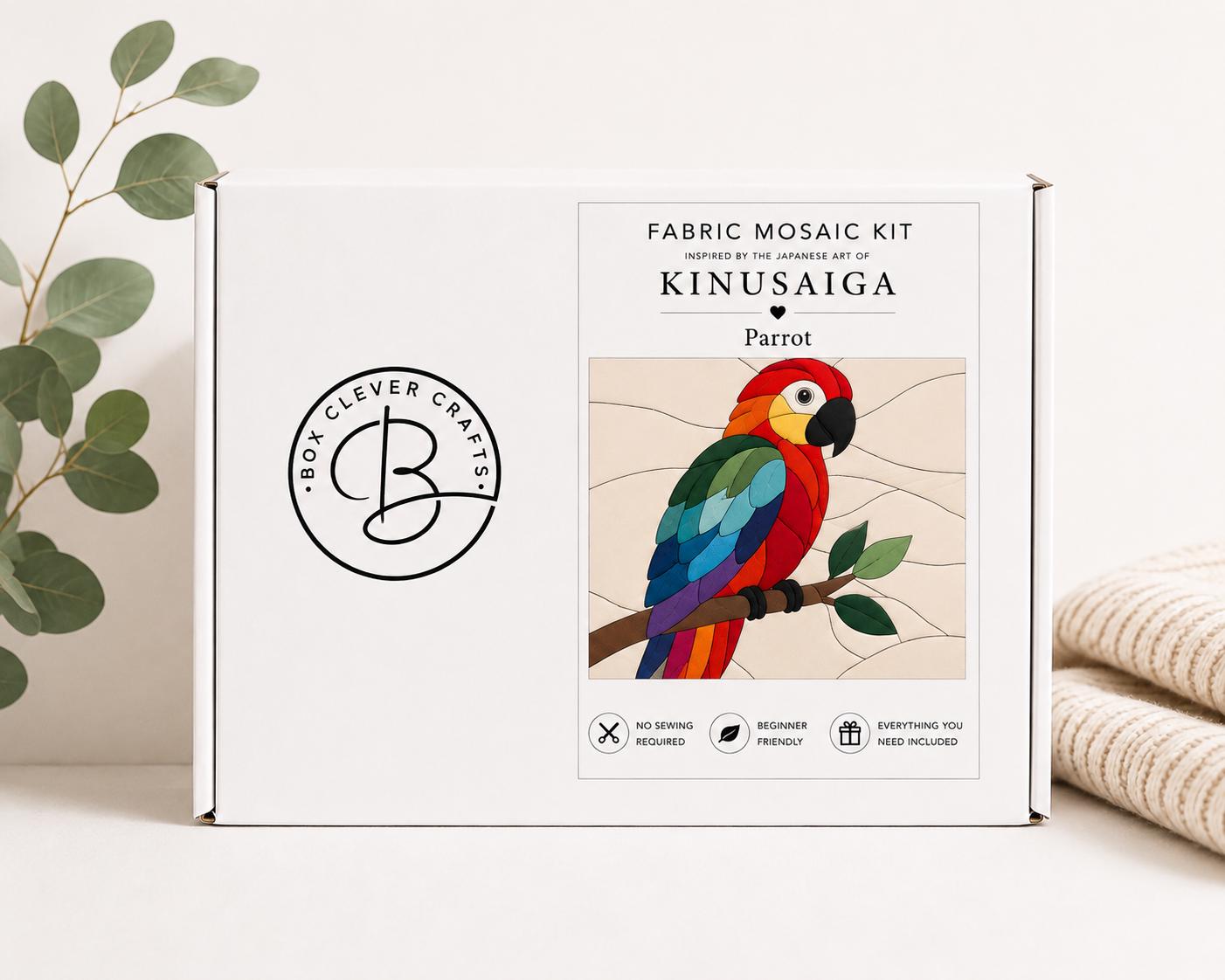 Fabric Mosaic Kit | Kinusaiga Inspired Rio the Parrot, Beginner Friendly | Includes Fabrics and Frame