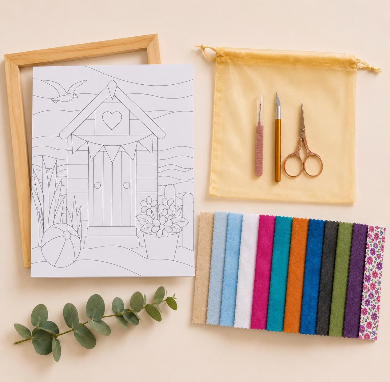 Fabric Mosaic Kit - Kinusaiga Inspired Beach Hut Retreat  Beginner Friendly | Includes Fabrics and Frame