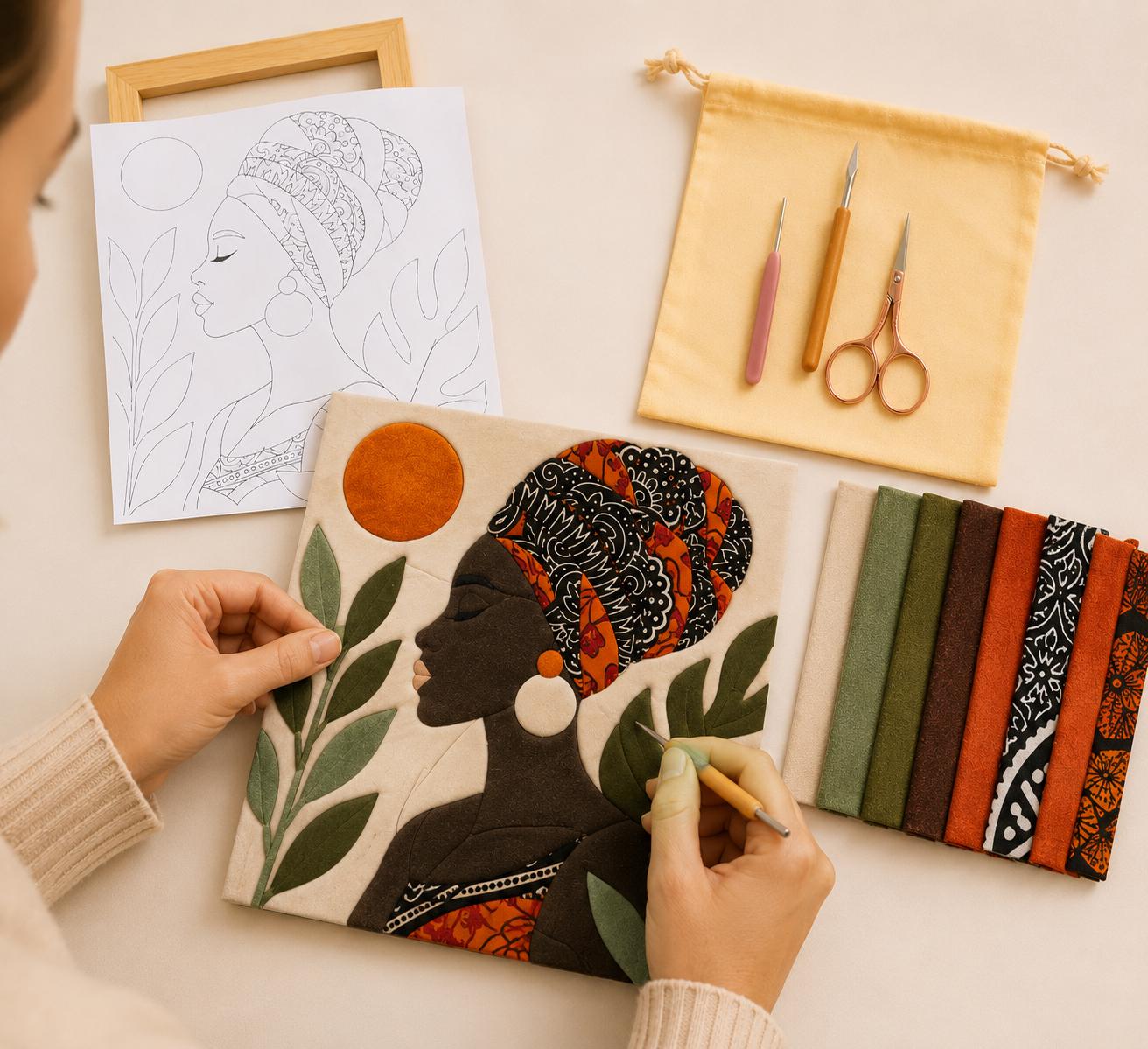 Fabric Mosaic Kit | Intermediate Level Kinusaiga Craft Kit | African Inspired Textile Art  - Zuri from our Heritage Range | A4 Framed