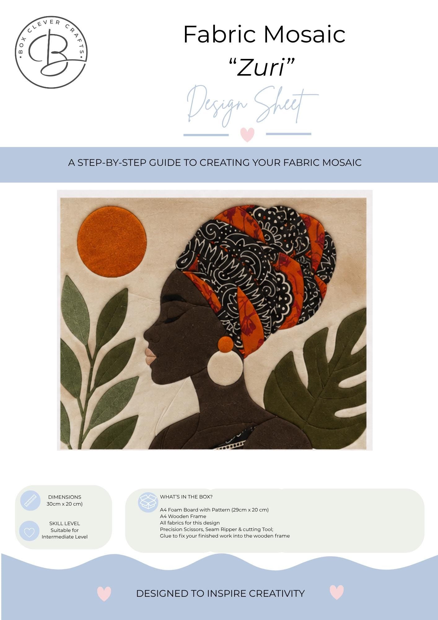 Fabric Mosaic Kit | Intermediate Level Kinusaiga Craft Kit | African Inspired Textile Art  - Zuri from our Heritage Range | A4 Framed
