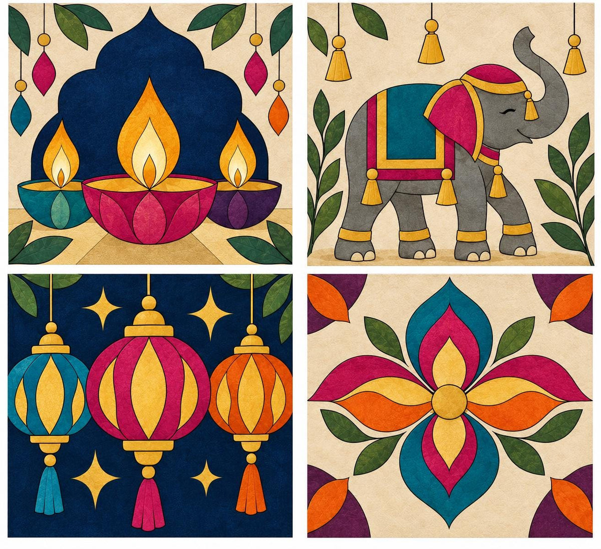 Diwali Kinusaiga Patterns | Festival of Lights Craft Kit | Diwali Diyas, Elephant, Lanterns and Rangoli | Fabric Art | PDF or Foam Board