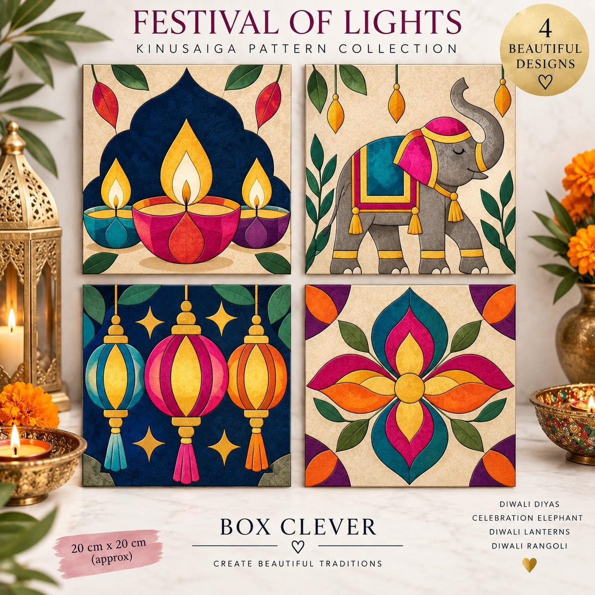 Diwali Kinusaiga Patterns | Festival of Lights Craft Kit | Diwali Diyas, Elephant, Lanterns and Rangoli | Fabric Art | PDF or Foam Board