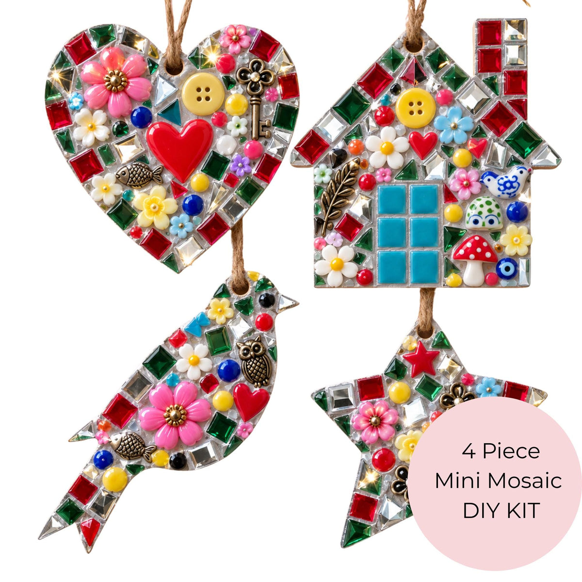 Mini Mosaic Craft Kit – 4 Mosaic Hanging Decorations – Heart, House, Bird & Star
