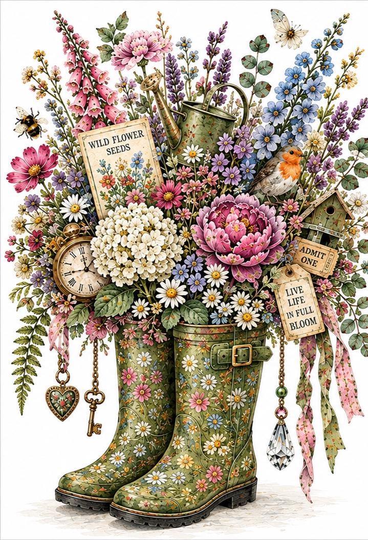 Collage Art Kit | Create Your Own Poster | Blooming Marvellous Wellington Boots | Perfect Gift Idea