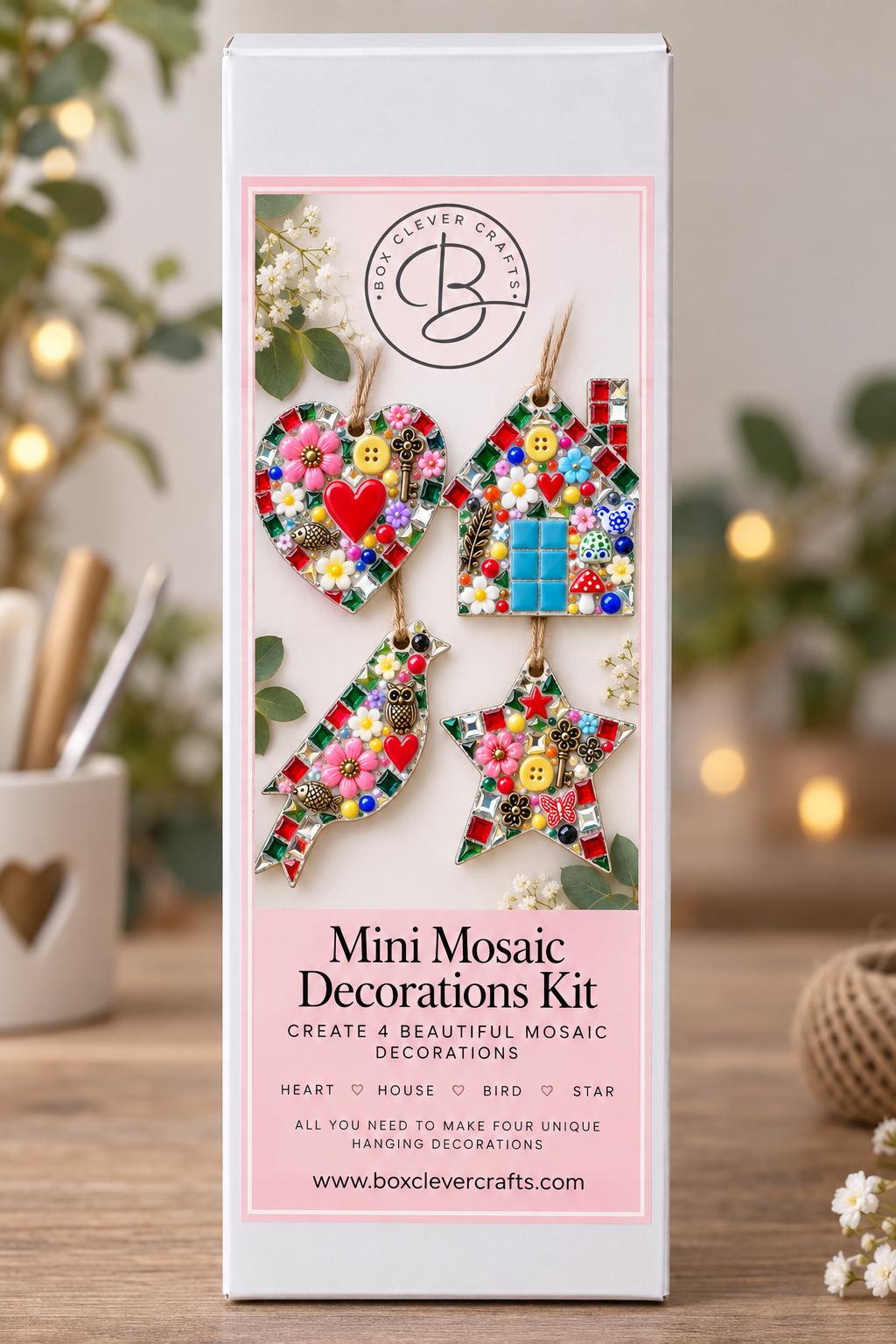 Mini Mosaic Craft Kit – 4 Mosaic Hanging Decorations – Heart, House, Bird & Star