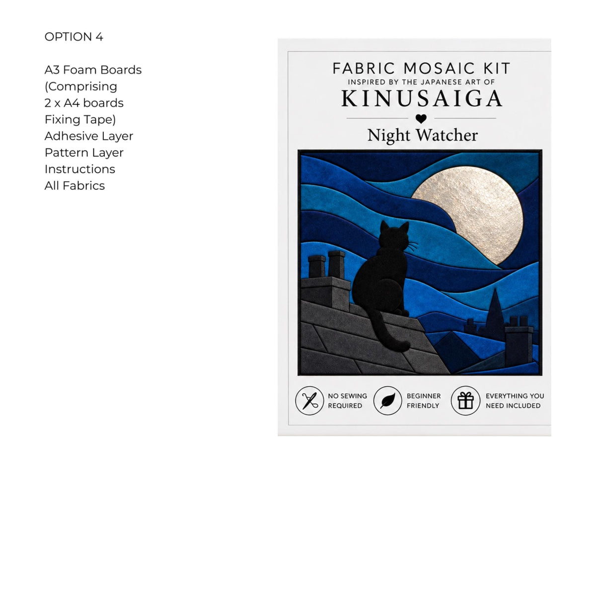 Kinusaiga Fabric Mosaic Night Watcher Cat Kit | Moonlit Rooftops Wall Art | Japanese No Sew Craft | A4 or A3 Fabric Art Kit for Adults