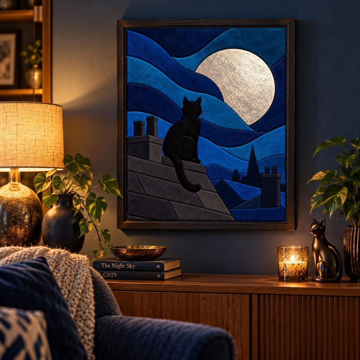 Kinusaiga Fabric Mosaic Night Watcher Cat Kit | Moonlit Rooftops Wall Art | Japanese No Sew Craft | A4 or A3 Fabric Art Kit for Adults
